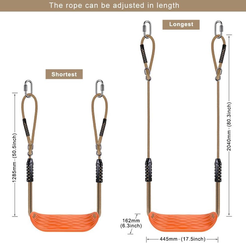 BeneLabel Non-Slip Swing Seat with Adjustable Rope and Carabiners - Heavy Duty Playground Swing Set Accessories for Kids and Adults - 220LB Capacity - Orange - Image 2